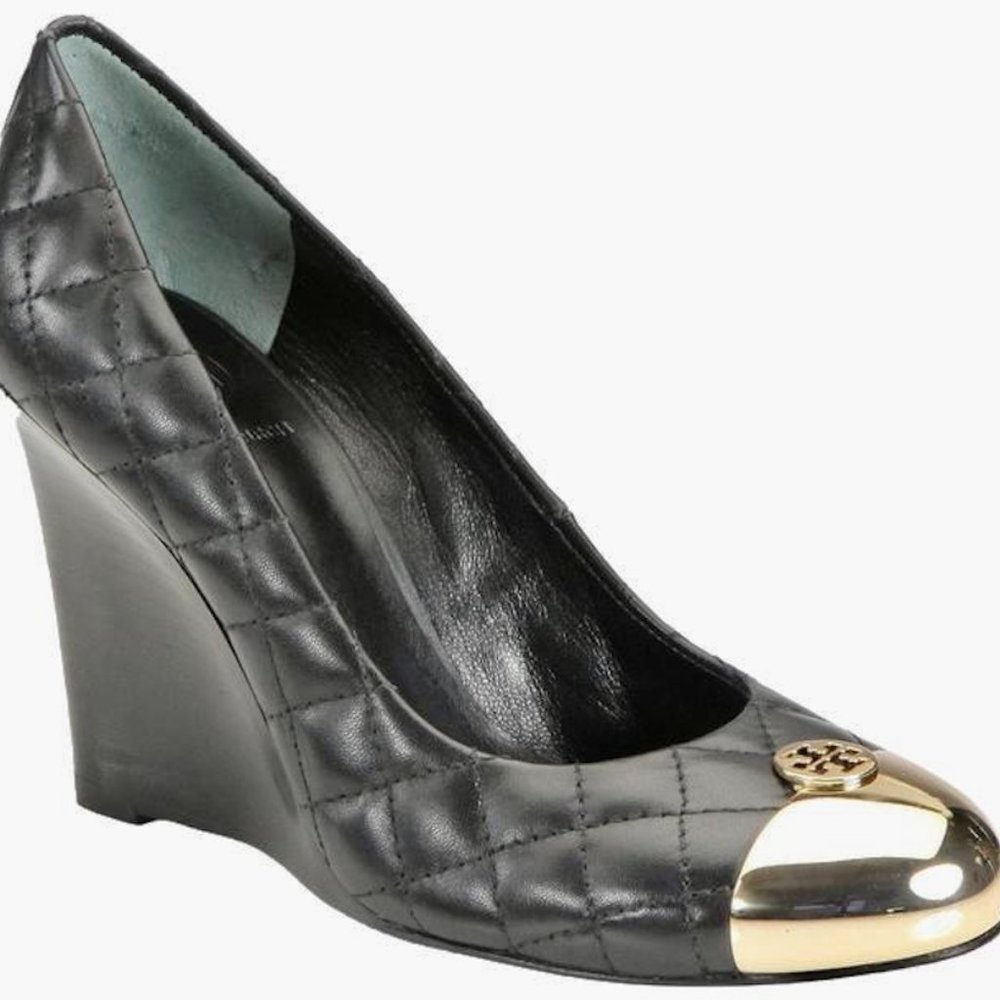 Tory Burch Kaitlin Wedge Quilted Gold Cap Toe Pump